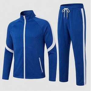 Survêtement bleu pour homme avec fermeture éclair intégrale, vêtements de sport avec bandes blanches, polyester respirant, vêtements d'automne, coupe régulière, poches latérales - Product Image 1