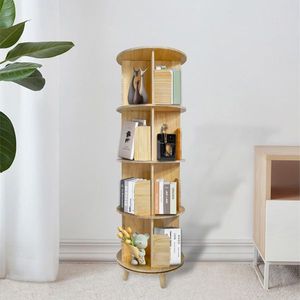 <b>Solid</b> Pine <b>Wood</b> 4-Layer 360-degree Rotating <b>Bookcase</b> Display Rack Modern Minimalist Style for Living Room with Panel - Product Image 2