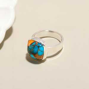 Wholesale Handmade 925 Sterling Silver Plated Blue Copper Turquoise Cushion <b>Statement</b> <b>Ring</b> Boho Vintage Opaque Gemstone Jewelry - Product Image 2