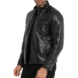 <b>Men</b> Black Genuine <b>Leather</b> <b>Jacket</b> Moto Biker Style Stand Collar Zipper Closure Slim Fit Regular Length Autumn Wear - Product Image 6