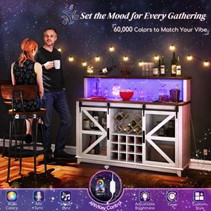 Mobile Bar da Cucina Bianco Stile Fattoria da 55 Pollici con Luci LED, Portabottiglie e Portabicchieri per Cucina e Sala da Pranzo - Product Image 4