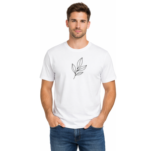 Wholesale Premium <b>White</b> <b>Tee</b> | Custom Screen Printed Leaf Branch Line Art | Men's Minimalist Fashion Apparel - Product Image 1