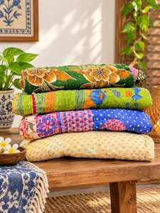 Cotton Kantha <b>Quilt</b> Bedspread | Twin Size Handmade <b>Throw</b> Blanket, Boho Indian <b>Bed</b> Cover & Decorative Home Bedding - Product Image 1