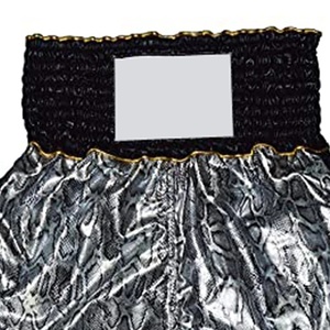 Luxury Snakeskin Satin Muay Thai Shorts - Silver/<b>Black</b> Kickboxing <b>Trunks</b> - Professional Sanda & MMA Shorts with Gold Trim - Product Image 4