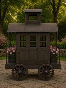 Chariot à fleurs vintage en métal artisanal, chariot de jardin rustique, présentoir floral, décoration de jardin extérieur, patio, maison - Product Image 5
