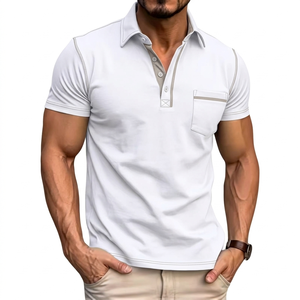 Polo Personalizado de Corte Ajustado para Hombre, Algodón y Elastano, Corte Musculoso, Manga Corta, Costuras en Contraste, Polo Casual de Golf con Bolsillo - Product Image 3
