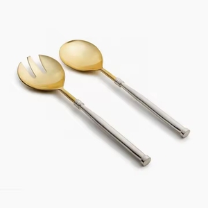 Premium Look Stainless Steel <b>Salad</b> <b>Server</b> With Brass Embossed Single Leaf Design Rouge Long Handle <b>Salad</b> <b>Server</b> Set - Product Image 2