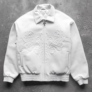 <b>White</b> PU Bomber <b>Jacket</b> <b>Men</b> Casual Embossed Floral Design Turn-down Collar Zipper Closure Regular Fit Autumn Wear - Product Image 3