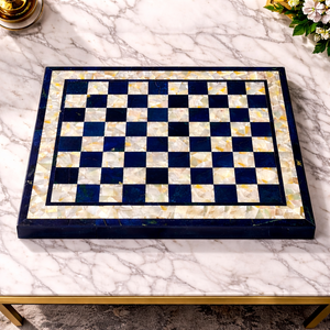 กระดานหมากรุกหรูหราเป็นมิตรกับสิ่งแวดล้อม ประดับด้วยหินลาพิส ลาซูลีสีน้ำเงินและมุก  งานฝีมือฝังหินอ่างเกลียวอักรา  ชุดหมากรุกสำหรับตกแต่งบ้าน - Product Image 3