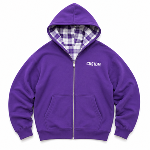 Premium Full Zip Cotton Fleece Hoodies Plaid Lined Hood Custom Logo Heavyweight Zip Up OEM Private <b>Label</b> Wholesale Streetwear - Product Image 3