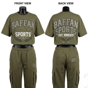 ชุดเสื้อยืดคอตตอนเทอร์รี่พรีเมียม 240 GSM และกางเกงคาร์โก้ สีเขียวมะกอก เนื้อผ้านุ่ม พิมพ์ลายพัฟพร้อมโลโก้สั่งทำ ชุดสำหรับผู้หญิง - Product Image 1