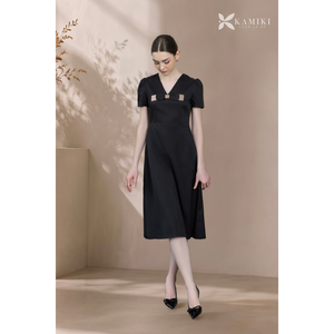 Elegante Vestido Midi Plisado con Manga con Volantes, Cuello Mandarín, Vestido de Oficina para Mujer, Corte en A, con Cinturón, Vestido Sólido 100% Algodón, Sencillo - Product Image 3