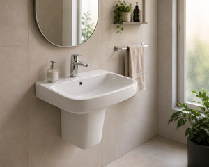 Hexagonal Semi-Pedestal Modern Bathroom <b>Sink</b> Single Hole Faucet Mount Easy Clean Glossy Finish Wall-Mounted 5 Year Warranty - Product Image 3