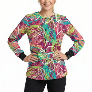 Blouse d'infirmière personnalisable en gros, imprimée, à boutons-pression, manches longues, tenue médicale, avec votre propre logo, tailles variées, blouses d'infirmière OEM - Product Image 3