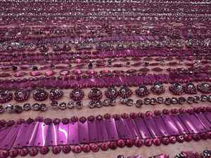 Tela de encaje magenta de lujo con cuentas a mano, malla bordada con pedrería pesada y lentejuelas para fabricantes de vestidos de noche de alta costura y vestidos de fiesta. - Product Image 3