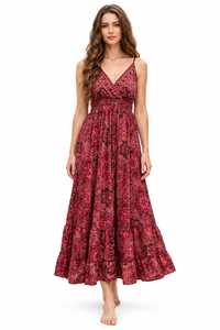 Robe longue bohème rouge à fleurs pour femme, col en V, bretelles spaghetti, coupe trapèze, ourlet à volants, ample, décontractée pour l'été - Product Image 4
