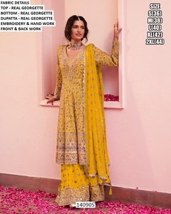 Red Georgette Embroidered Kurta / <b>Kurti</b> Floor-Length Regular Fit <b>Women</b> India Pakistan Wedding Traditional Style Quick Dry All - Product Image 2