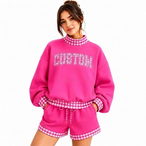 Custom Women <b>Mock</b> <b>Neck</b> Sweatshirt Shorts Set Oversized Fleece 2 Piece Lounge Set Gingham Trim Casual Winter Outfit OEM ODM - Product Image 5
