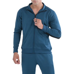 Survêtement bleu pour homme, fermeture éclair intégrale, col demi-zip, manches longues, coupe classique, poches latérales, respirant, polyester et coton, style décontracté - Product Image 3