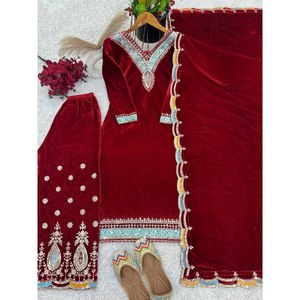 Conjunto de traje Shree Hari Fashion-SR para mujer, completamente cosido, con parte inferior y superior rojos, y dupatta, para fiestas, talla L - Product Image 5