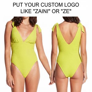 Maillot de bain texturé pour femme en nylon et élasthanne de qualité supérieure 250 GSM, vert citron, une pièce, bretelles à nouer, logo personnalisé, vêtements de plage - Product Image 1