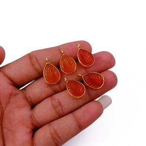 Natural Carnelian Pendant Leaf Carving Teardrop Shape Gold Plated Bezel Connector for DIY <b>Necklace</b> Fashion Pendants Charms - Product Image 2