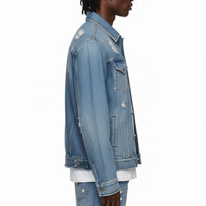 Veste en jean déchirée à ourlet brut avec fermeture éclair, nouveau design, grande taille, délavage clair, best-seller - Product Image 5