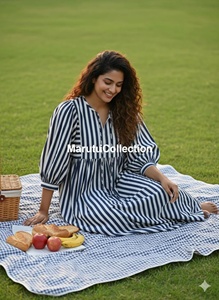 U Neck Cotton Floor Length <b>A</b> <b>LINE</b> <b>Dress</b> Three Quarter Puff Sleeves Handblock <b>Pattern</b> Women's Daily Wear Embroidery Detail - Product Image 6