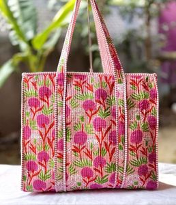 Best Seller <b>Hot</b> <b>Pink</b> Jungle Animal Leopard Cotton Kantha Quilted Storage Tote <b>Bag</b> Women Shoulder Travel Carrying Handbag Striped - Product Image 2