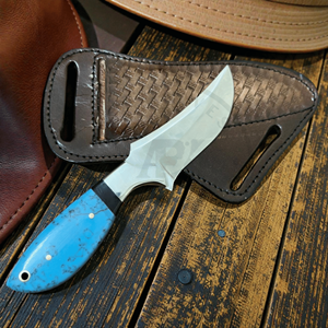 Cuchillo de caza vaquero de acero de Damasco hecho a mano, hoja fija, mango de resina acrílica, funda de cuero para exteriores, OEM - Product Image 5