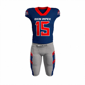 Uniforme de football américain personnalisé sublimé, bleu marine et rouge, style professionnel, avec pantalon rembourré intégré gris, vente en gros pour équipes - Product Image 1