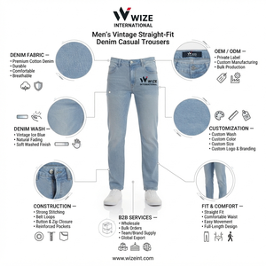 Jean en denim coupe droite bleu clair pour homme WIZE INTERNATIONAL, taille haute, fermeture boutonnée, décontracté, respirant, 100 % coton, style été - Product Image 6