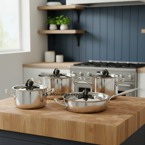 Ensemble de batterie de cuisine de luxe 4 pièces en acier inoxydable martelé, qualité supérieure européenne, comprenant faitout argenté, poêle à frire et couvercles écologiques en forme de citrouille, pour la préparation des aliments - Product Image 1