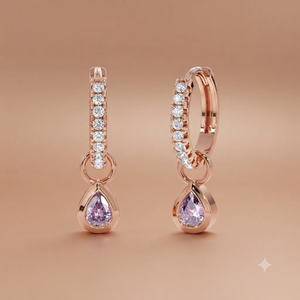 Boucles d'oreilles créoles classiques Huggies avec améthyste taille poire et moissanite taille ronde en alliage, bijoux de mariage pour femme - Product Image 3