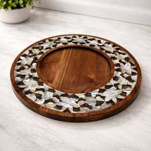 Bandeja moderna redonda hecha a mano de madera con incrustaciones de nácar para servir alimentos, bandeja decorativa para restaurante, bandeja de resina MOP. - Product Image 2