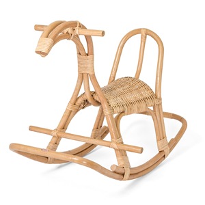 Caballito balancín personalizado para bebé, de madera natural, con forma de animal, silla de montar de imitación, balancín de ratán. - Product Image 1
