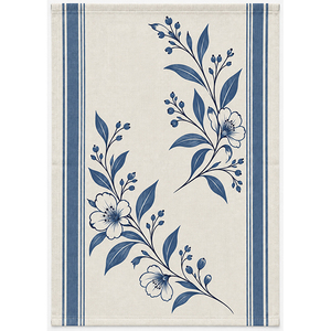 Essuie-tout en coton de qualité supérieure |   Essuie-mains de cuisine à imprimé floral botanique bleu avec bordure |   Serviette de cuisine décorative de style européen élégant - Product Image 1