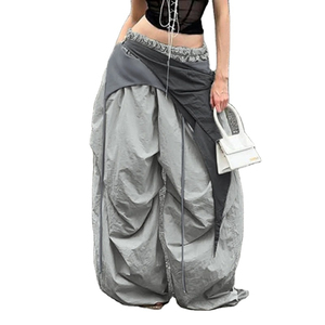 Pantalones Cargo Casuales de Cintura Alta para Mujer, Elásticos, de Pierna Ancha, con Parches a Rayas, Diseño Plano Fruncido, Bolsillos, Cierre Elástico en la Cintura, para Verano - Product Image 4