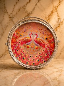 Handmade Modern German Silver Peacock Decorative Iron Serving <b>Basket</b> <b>Tray</b> Handle Premium Metal Gift <b>Basket</b> for Diwali Wedding - Product Image 2
