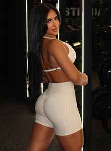 Ensemble de sport 2 pièces beige pour femme, haut court dos nu et short taille haute, couleur unie, en tricot élasthanne, rembourrage amovible, respirant - Product Image 5