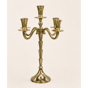 Candelabro de metal dorado de lujo de 5 brazos, centro de mesa para bodas, portavelas de latón ornamentado para decoración de mesa, precio al por mayor - Product Image 1