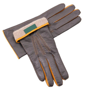 Women’s Brown Leather Gloves with Yellow Trim Soft Full Finger Winter Gloves Warm Lining Snap Button Elegant Driving Gloves - Product Image 2