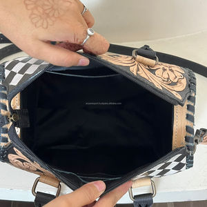 New Premium Vintage Hand Tooled Checkered Cow Leather Speedy Bag for Women's With Designer Floral Carved Pattern Shoulder Bag - Product Image 6