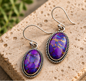 Pendientes Colgantes de Cobre Púrpura con Turquesa y Plata, Estilo Vintage, Ovalados, con Gemas de Matriz Azul Púrpura, Joyería al por Mayor - Product Image 3