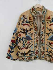 Veste bomber classique artisanale bohème Suzani, broderie florale à la main, réversible, écologique, courte, unisexe, hiver - Product Image 3