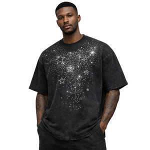 Camiseta de Alta Calidad Estilo Y2K con Cristales en Cascada, Diseño de Estrella, para Hombre, Manga Corta, Corte Holgado, Hombros Caídos, Patrón Personalizado Brillante - Product Image 3