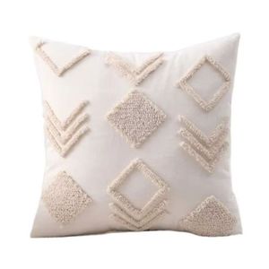 Housse de coussin carrée brodée bohème de qualité supérieure, motif géométrique abstrait, blanc crème, décoration d'intérieur, taie d'oreiller - Product Image 1