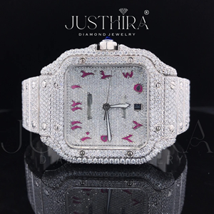 Premium Auto Date Iced Diamond Unique Design Stainless Steel <b>Case</b> Band Quartz <b>Watch</b> with Pink Arabic Number Dial Limited Edition - Product Image 2