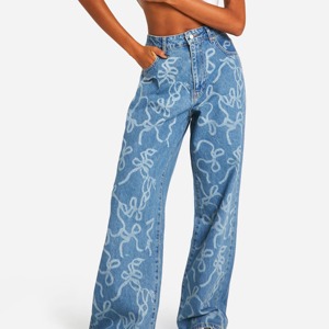 Pantalones vaqueros acampanados de cintura alta con estampado y rotos para mujer, personalizados con bordado, vaqueros holgados transpirables para mujer - Product Image 2