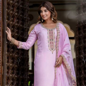 Conjunto de 3 piezas listo para usar, pantalón Dupatta bordado con parte superior de seda romana para fiestas, todas las ocasiones, ropa tradicional india pakistaní - Product Image 1